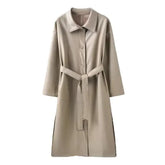Solid Color Belt Long Cool PU Leather Trench Coat